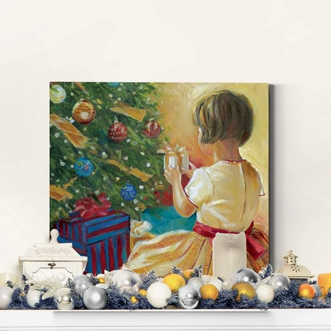 Renditions Gallery Christmas Morning Wall Art, Little Girl with Gift by Christmas Tree, Winter Artwork, Yellow & Red, Premium Gallery Wrapped Canvas, Ready to Hang, 40 in H x 40 in W, Made in America
