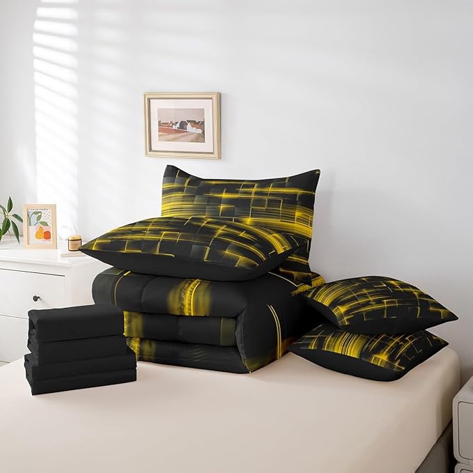 Feelyou Yellow Black Bedding Set Full Size Boys Girls Geometric Strip Lines Comforter Set with Sheets 7 Piece for Bed in a Bag Abstract Modern Bed Set with Comforter,Sheets,Pillowcases