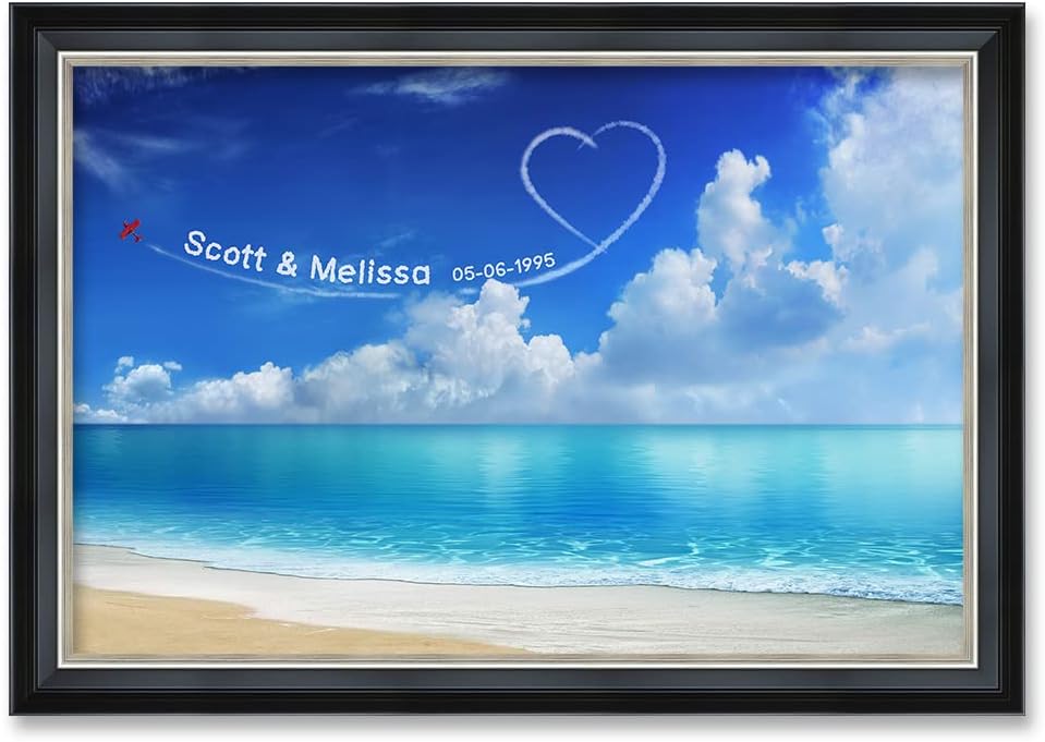 IPIC - Seaside Skywriting, Personalized Ideal Gift Custom Framed Wall Art with Names and Date, Giclee Prints with Solid Wood Frame, Unique and Memorable Present. Wall Art for Home Decor.