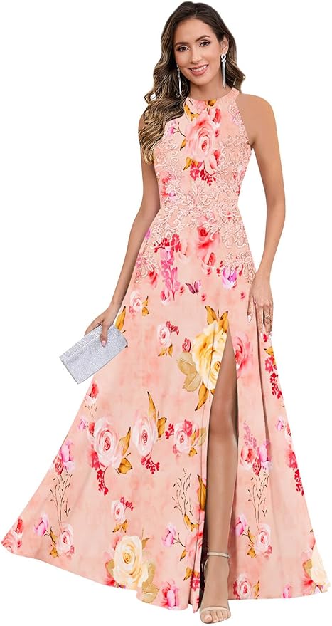 GUKARLEED Halter Lace Appliques Mother of The Bride Dresses for Women Long A-line Formal Wedding Guest Dress with Slit