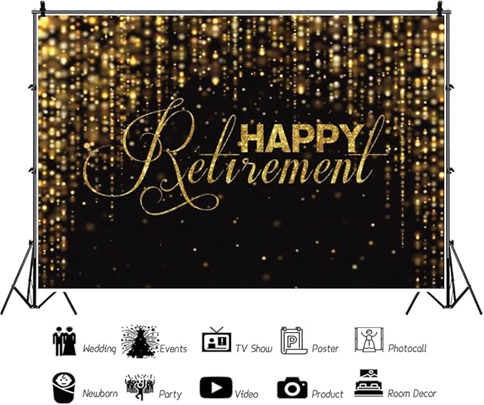 10x6.5ft Happy Retirement Photography Backdrop Luxury Black and Gold Party Backdrop Background Gold Glitter Celebrate Retirement Party Decorations Wallpaper Studio Props Bokeh Banner Supplies