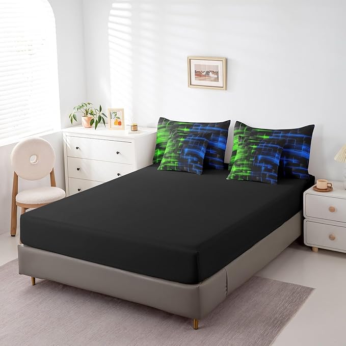 Feelyou Green Blue Bedding Set Full Size Boys Girls Geometric Strip Lines Comforter Set with Sheets 7 Piece for Bed in a Bag Abstract Modern Bed Set with Comforter,Sheets,Pillowcases