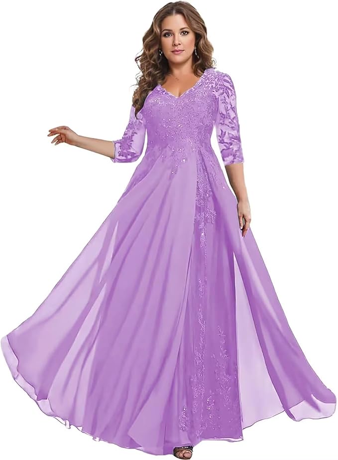 Long Sleeve Mother of The Bride Dress for Wedding Chiffon Lace Applique Formal Gowns BOF163