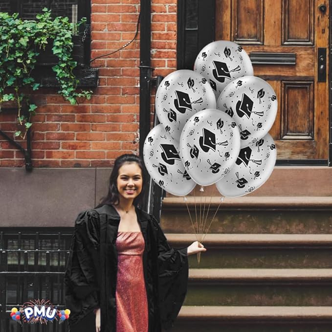 PMU 100 Pcs Silver Graduation Balloons Class of 2025 with All-Over Print White Grad Caps-Confetti and Streamers | Graduation Party Supplies | Congratulations Grad Latex Balloons Latex