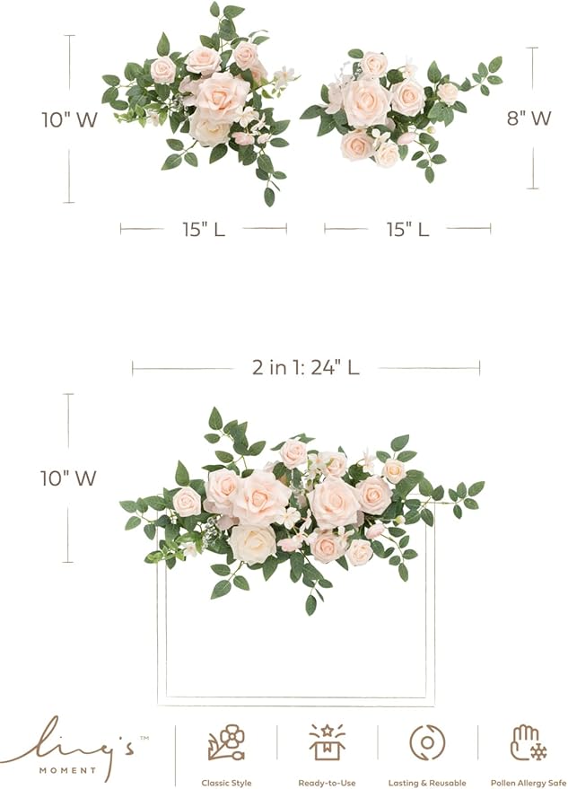 Ling's Moment 2pcs Wedding Floral Swag Welcome Sign Artificial Flowers Backdrop Garland Blush & Cream Ceremony Reception Wall Home Decorations Entryway Faux Outdoor Board Head Table Decor