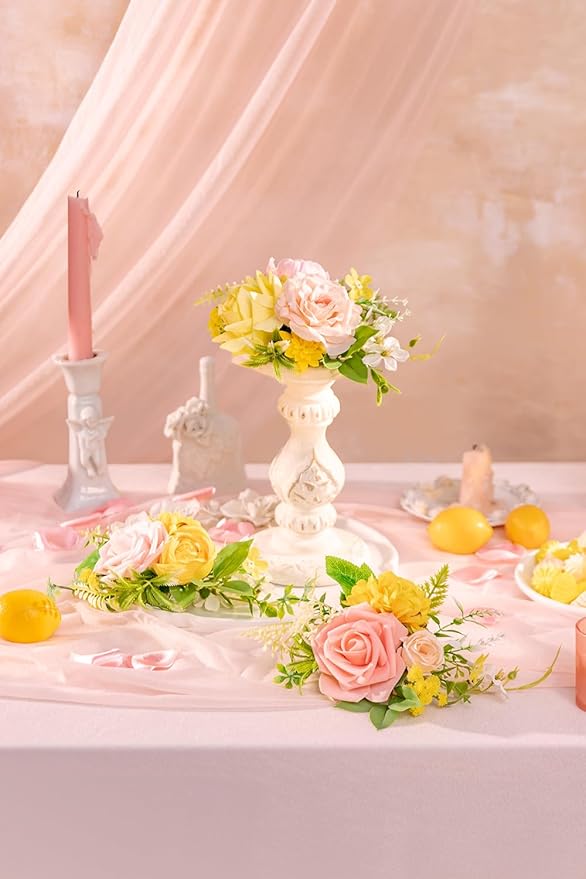 TINGE TIME 3Pcs Pre-made Cake Toppers，Silk Artificial Flowers Decor，Cake Decorations for Weddings, Birthdays, Party,Baby Shower,Celebration (PeachPink&Yellow)