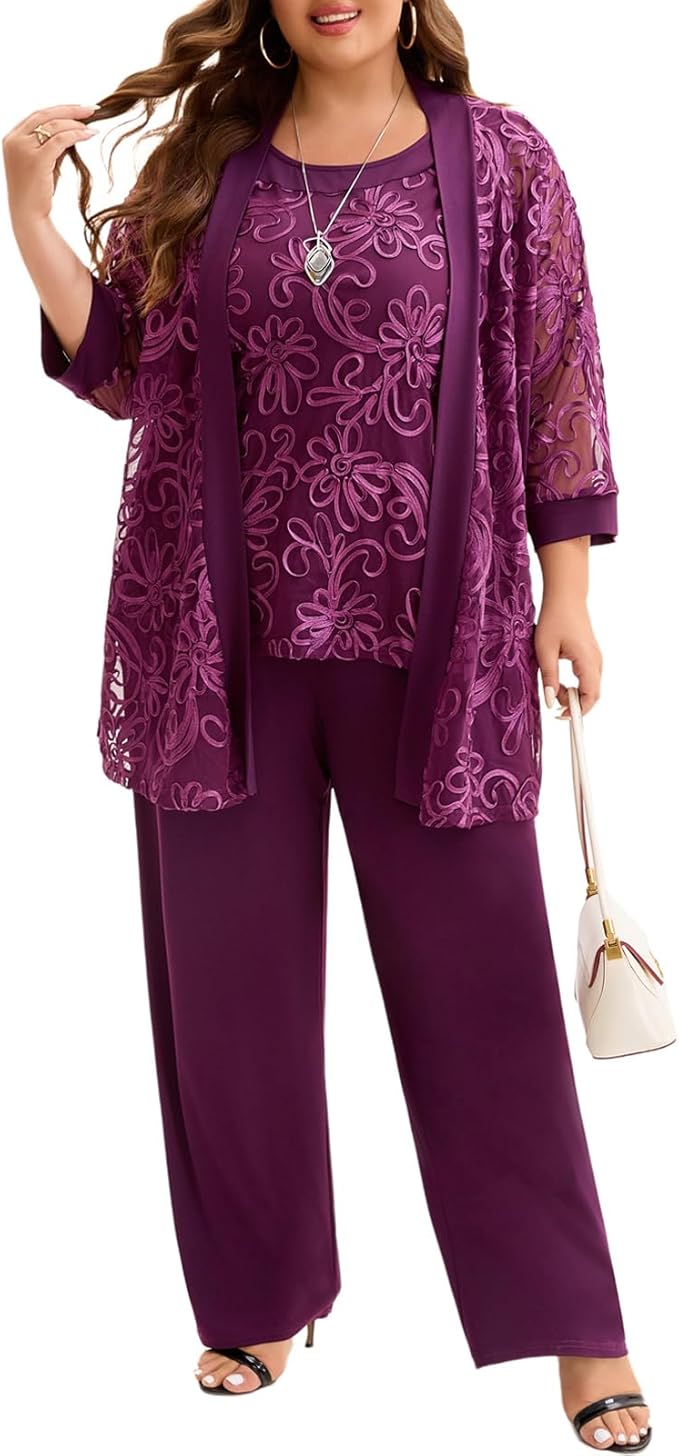 Plus Size 3 Piece Floral Embroidered Pantsuit Set Women Mother of Bride Wedding Guest Formal Evening Cocktail Party Attire