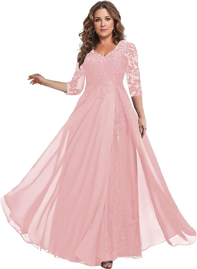 Long Sleeve Mother of The Bride Dress for Wedding Chiffon Lace Applique Formal Gowns BOF163