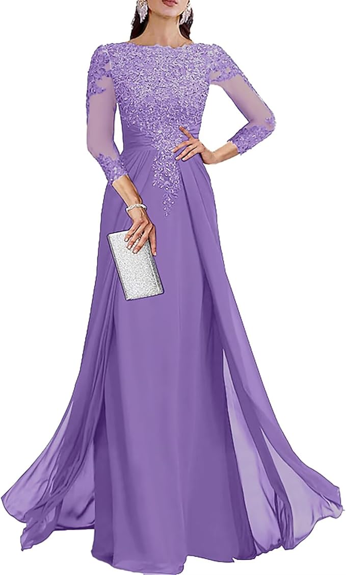 Long Sleeve Mother of The Bride Dresses for Wedding Lace Appliques Chiffon Formal Dress He6052
