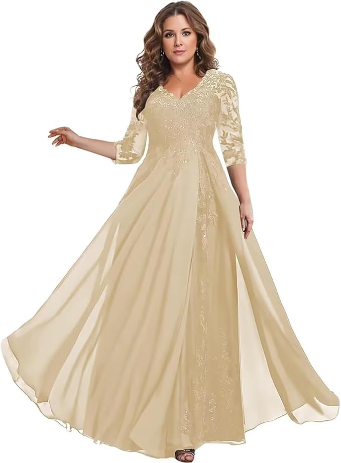 Long Sleeve Mother of The Bride Dress for Wedding Chiffon Lace Applique Formal Gowns BOF163