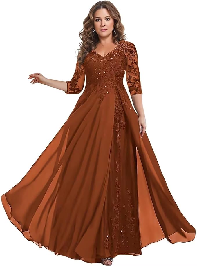 Long Sleeve Mother of The Bride Dress for Wedding Chiffon Lace Applique Formal Gowns BOF163