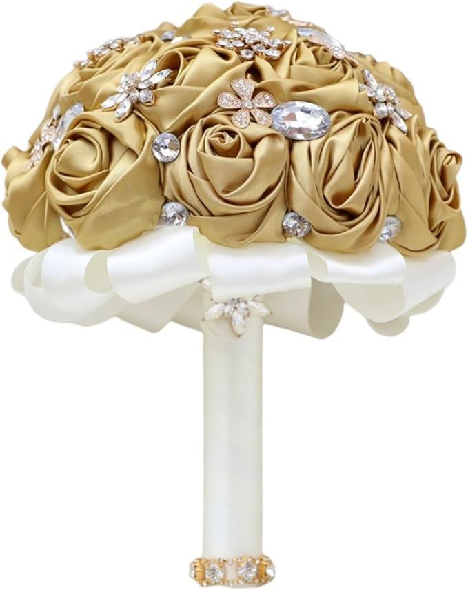 Gold Wedding Bouquet Handmade with Luxury Brooch Bling Rhinestone for Bride Bridesmaid Quinceanera Bouquet Satin Rose Flower Bouquet Wedding Gold 9.8in