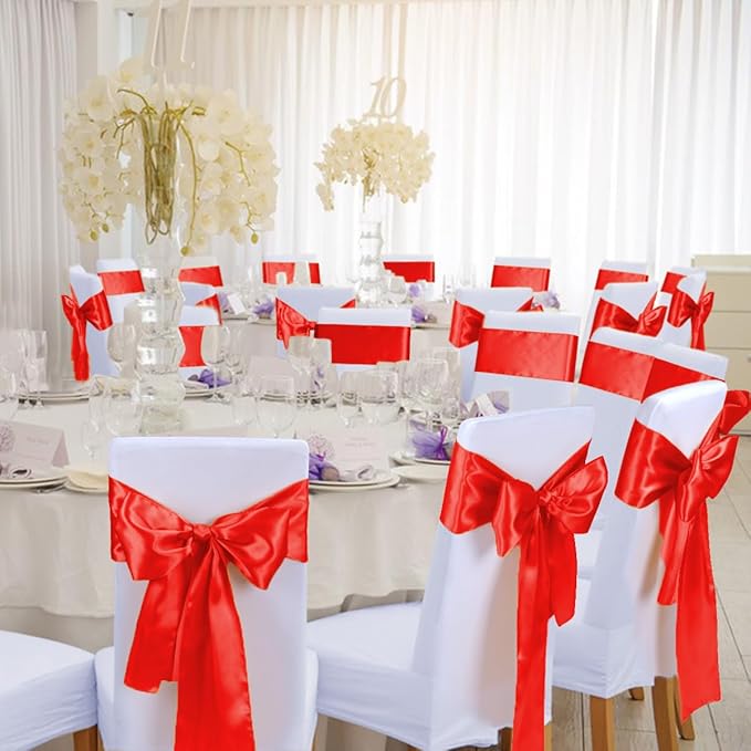 Babenest Satin Chair Sashes Ties Upgraded 50 pcs Chair Ribbons Bows for Wedding Banquet Party Christmas Baby Shower Events Decoration (Red)