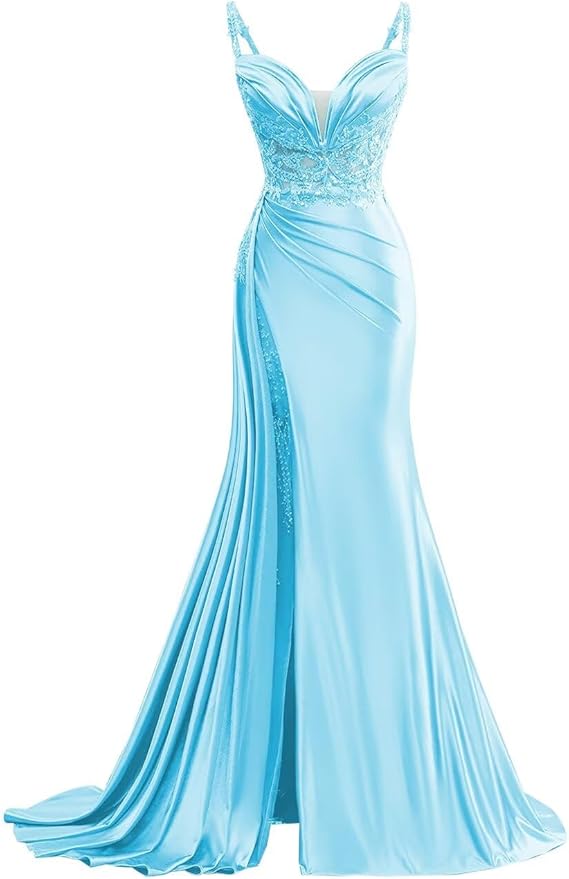 V Neck Satin Prom Dresses Long Mermaid Lace Evening Gown with Slit Pleated Bodycon Formal Dress with Tail