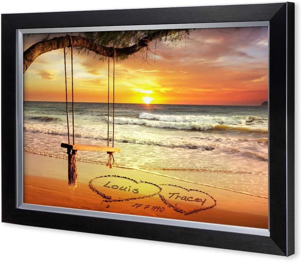 IPIC - "Eternal Love Personalized Framed Wall Art, Custom Beach Sunset Scene with Names and Date in Sand, A Personalized Gift for Couple, Wedding, or Anniversary, Coastal Home Decor
