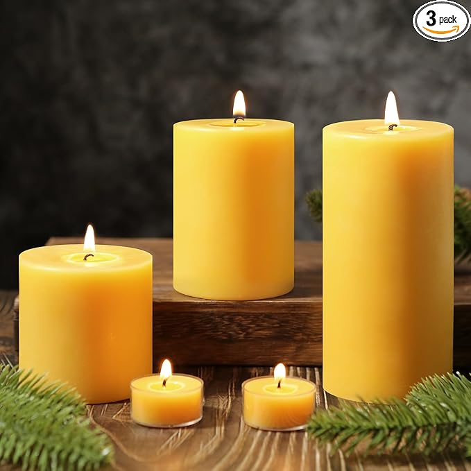 Natural Beeswax Pillar Candles Set of 3,Pure Beeswax Candles 213 Hours Long Burning,Unscented 100% Bees Wax Candle for Home,Emergency,Dripless Smokeless Organic Pillar Candle Bulk-3x3in,3x4in,3x6in