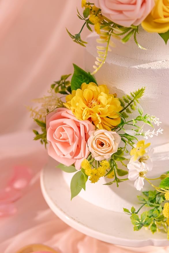 TINGE TIME 3Pcs Pre-made Cake Toppers，Silk Artificial Flowers Decor，Cake Decorations for Weddings, Birthdays, Party,Baby Shower,Celebration (PeachPink&Yellow)