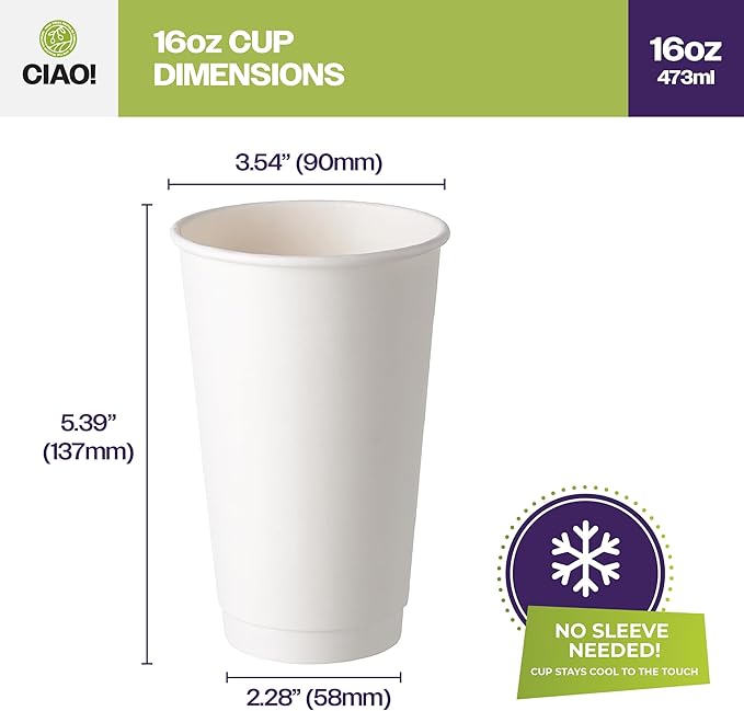 CIAO! 16 oz Insulated Double Wall White Paper Hot Cup, 90mm Diameter, 400 Count