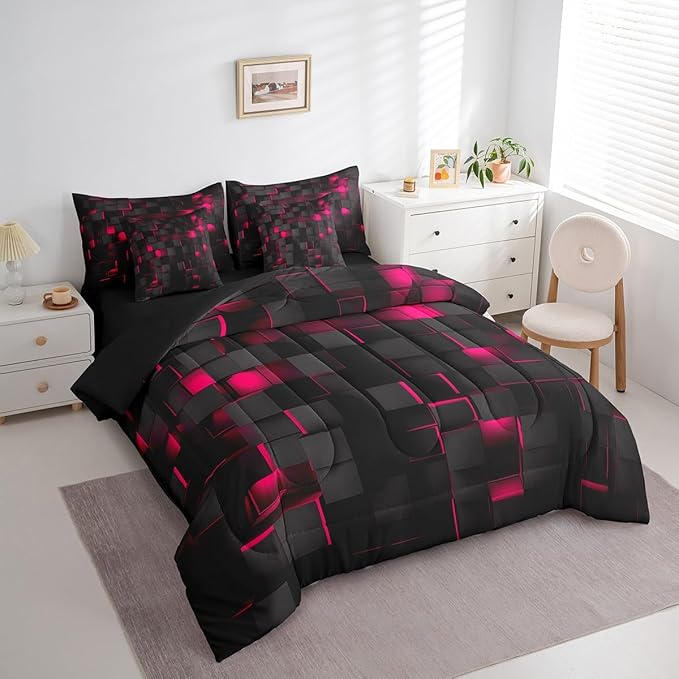 Feelyou Rose Red and Black Bedding Set Full Size Kids Light Geometric Comforter Set with Sheets 7 Piece Bed in a Bag forModern Bed Set with Comforter,Sheets,Pillowcases,Cushion Covers