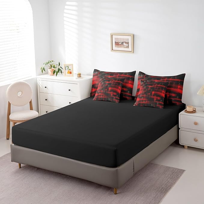 Feelyou Red Black Bedding Set Full Size Boys Girls Geometric Strip Lines Comforter Set with Sheets 7 Piece for Bed in a Bag Abstract Modern Bed Set with Comforter,Sheets,Pillowcases