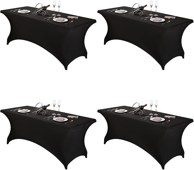 FORLIFE 4Pack Spandex Table Covers，Fitted Tablecloth for Rectangular Tables, Stretch Patio Table Covers, Universal Spandex Table Cover for Wedding, Banquet, Party (6ft, Black)