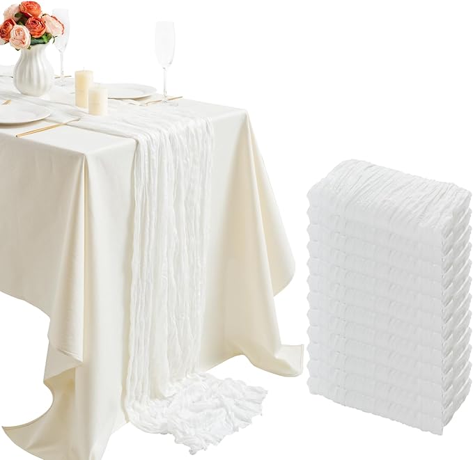 combocube 12 Pack 35x120 Inch 10Ft Cheesecloth Long Table Runner Gauze Rustic Romantic Table Cloth for Wedding Reception Bridal Shower Holiday Birthday Party Table Decorations, White