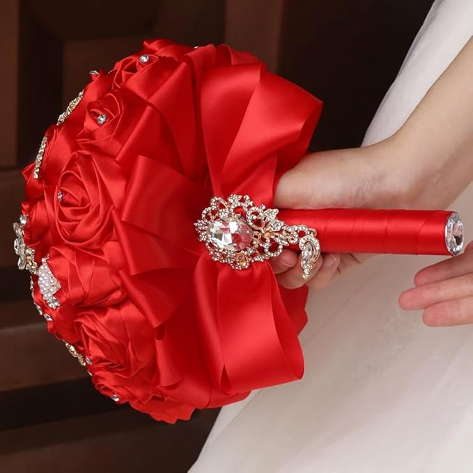 Red Handmade Wedding Bridal Bouquet with Luxury Gold Rhinestone Brooch Satin Rose Flower Bouquet for Bride Bridesmaid Quinceanera Wedding Bouquet Red 7.5in