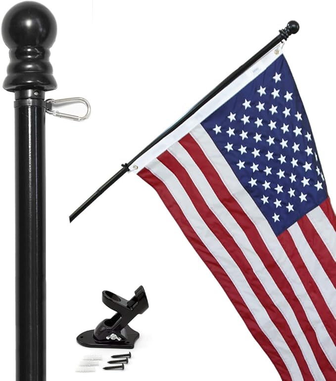 American flag and pole kit set: Includes a 3x5 ft Embroidered US flag made in USA, 6 ft aluminum tangle free spinning flag pole with carabiners, and flagpole holder wall mount bracket (Black)