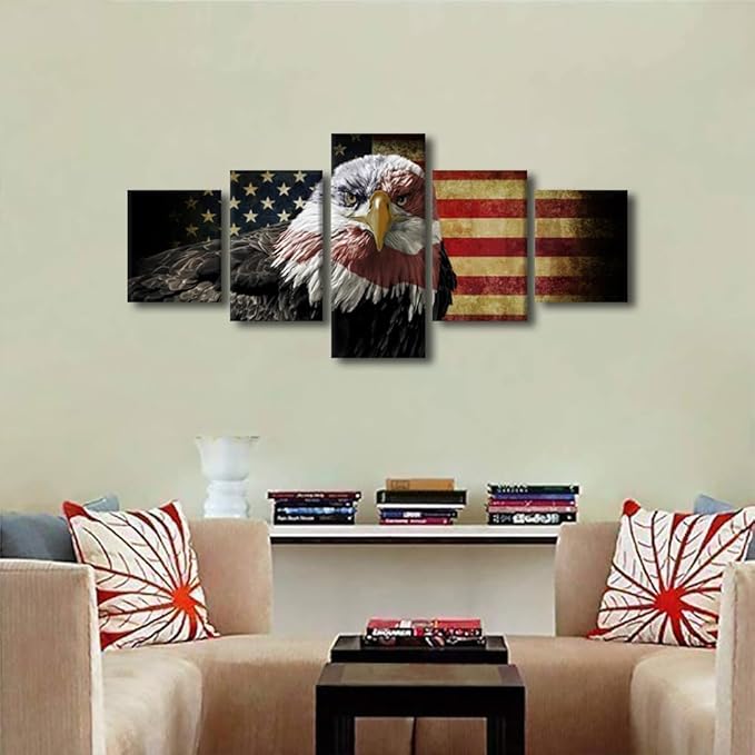 5 Piece American Flag Canvas Wall Art Wooden Flag Wall Art Army Decor Military Art American Flag Poster Patriotic Wall Art Bald Eagle Decor for Home Office Decor Framed Ready to Hang 50"Wx24"H