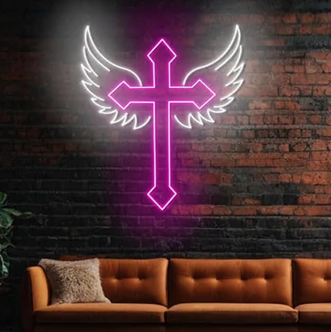 Cross Wings Neon Sign, Jesus Cross Wings Led Sign, Christian Wall Decor, Faith Neon Decor Size:20inches