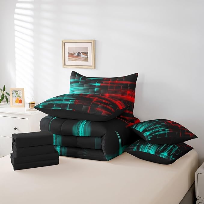 Feelyou Red and Blue Comforter Set with Sheets 7 Piece King Size Kids Geometric Bed in a Bag Strip Lines Bedding Set Abstract Art Bed Set with Comforter, Sheets,Pillowcases,Cushion Covers