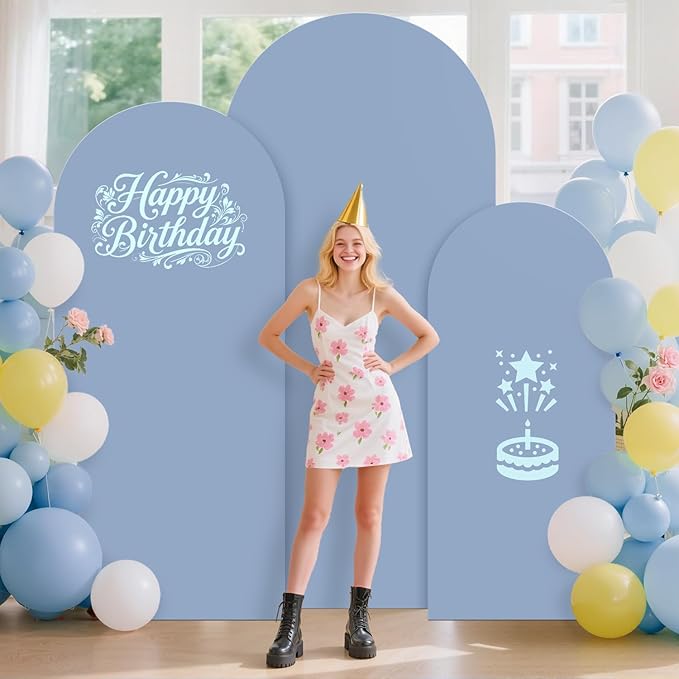 Weding Arch Backdrop Stand and Dusty Blue Cover Set 6FT, 5FT, 4FT Metal Arch Stand with Cover Set of 3 Wedding Arch Frame and Arch Stand Cover for Wedding Ceremony Birthday Party Baby Sower