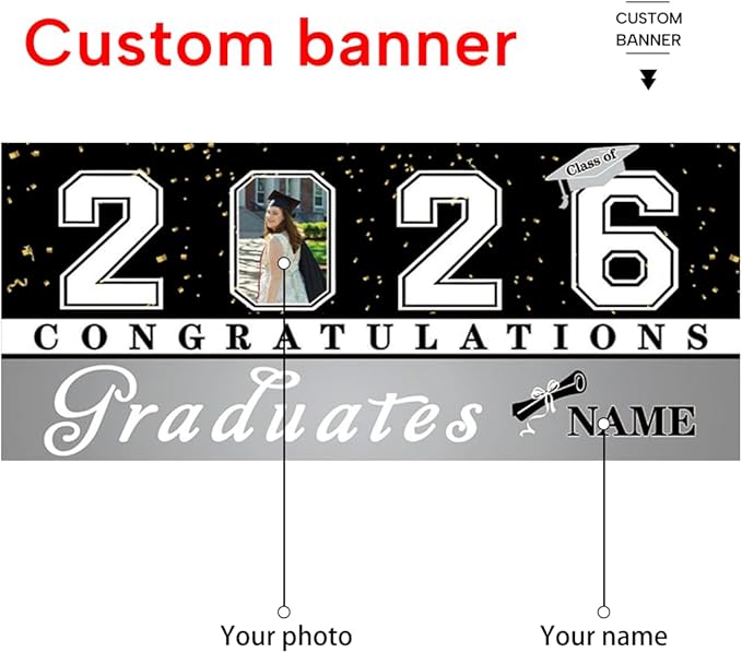 Custom Graduation Garage Door Banner Decoration 7x16ft with Photo Congrats Garage Door Cover 2026 Party Photo Booth Backdrop Party Supplies(Silver)