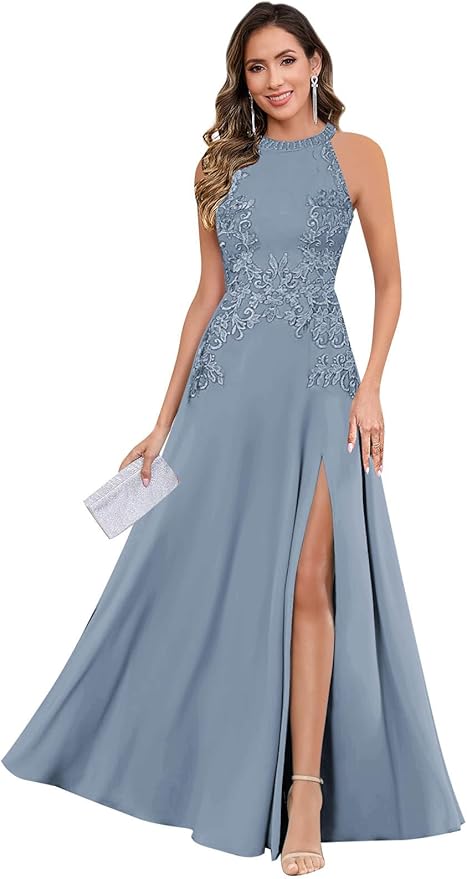 GUKARLEED Halter Lace Appliques Mother of The Bride Dresses for Women Long A-line Formal Wedding Guest Dress with Slit