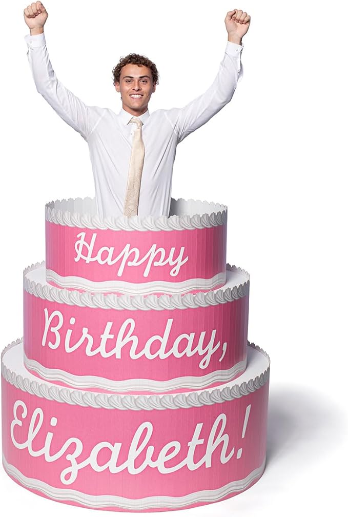 Anderson's Pink & White Personalized Pop-Out Birthday Cake, Life-Size Faux Cake with Fun Font, Custom Name, Surprise Reveal Prop for Milestone Parties, Photo Ops, Store or Business Events, 4'x4'