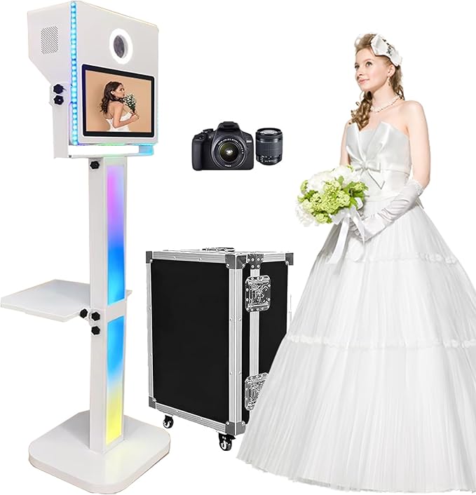 Mirror Photo Booth with DSLR Camera, 15.6 inch Touch Screen Portable Photobooth Machine RGB Lights Stand for Events Wedding Birthday Party (White Color + Camera)