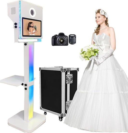 Mirror Photo Booth with DSLR Camera, 15.6 inch Touch Screen Portable Photobooth Machine RGB Lights Stand for Events Wedding Birthday Party (White Color + Camera)