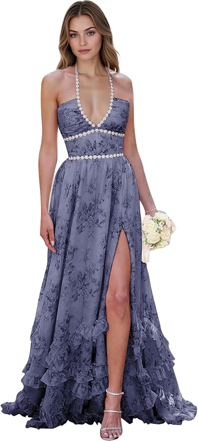 Floral Printed Chiffon Prom Dress for Carmen 2025 Long V Neck Floor Length Photoshoot Dress with Side Slit Ruched