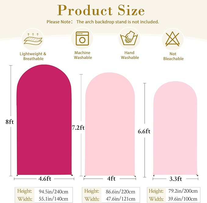 Pink and Hot Pink Arch Cover 3 Set-8FT, 7.2FT, 6.6FT Arch Backdrop Cover Spandex Fitted 2- Color Fabric Stand Covers for Baby Shower Girls Birthday Party Wedding Photo Background Decorations
