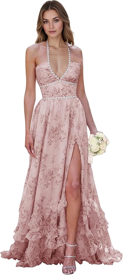 Floral Printed Chiffon Prom Dress for Carmen 2025 Long V Neck Floor Length Photoshoot Dress with Side Slit Ruched