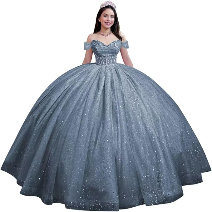 Youjiayi Glitter Tulle Quinceanera Dresses with Train Off Shoulder Beaded Sweet 16 Dresses Pleated Long Ball Gown for Women