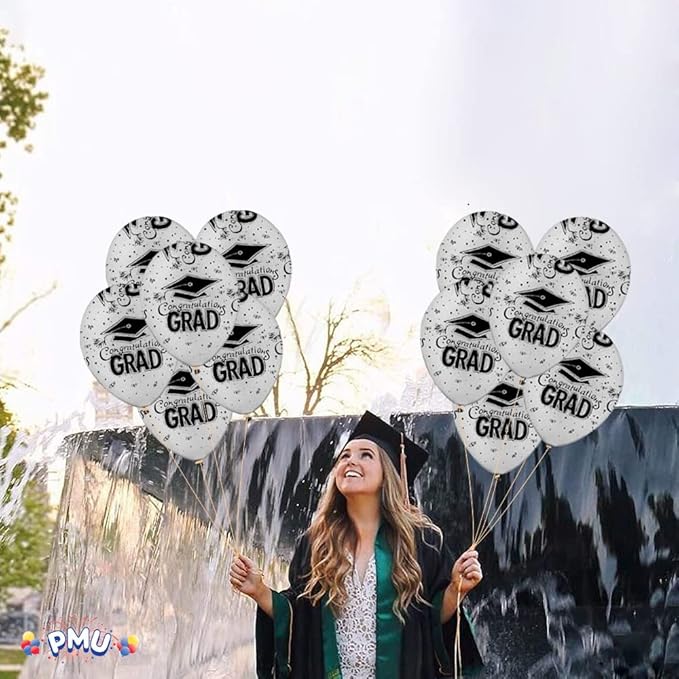 PMU 100 Pcs Silver Graduation Balloons Class of 2025 with All-Over Print White Grad Caps-Confetti and Streamers | Graduation Party Supplies | Congratulations Grad Latex Balloons Latex