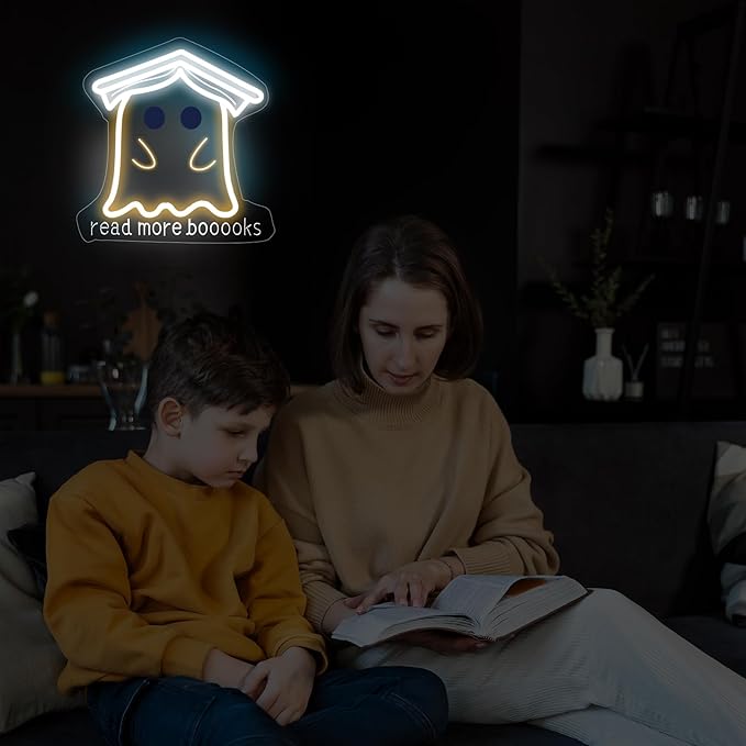 Read More Books Neon Sign, Cute Ghost Reader LED Sign Light, Kawaii Funny Ghost with Bachelor Cap Light Up Night Light for Bedroom Classroom Study Reading Room Library Decoration, 13"x13"