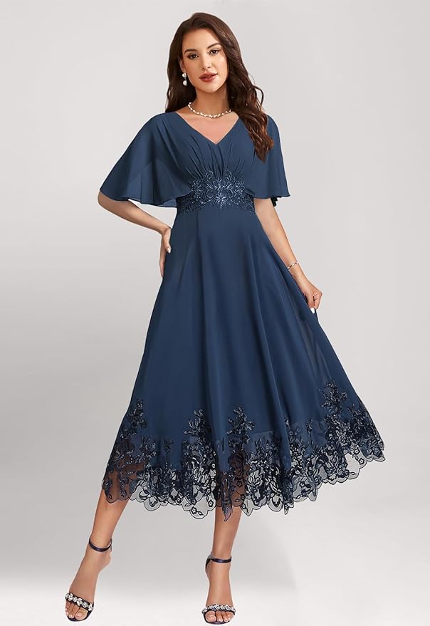 Tea Length Mother of The Bride Dress with Sleeves Laces Formal Evening Gowns for Wedding V Neck Wedding Guest Gown ZMX37