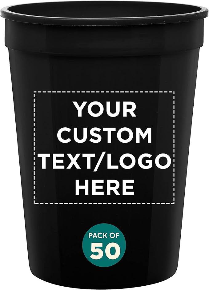 Custom Disposable Plastic Cups 12 oz. Set of 50, Personalized Bulk Pack - Perfect for Summer, Sporting Events, Birthdays, Weddings, Picnic, Beach, Parties - Black