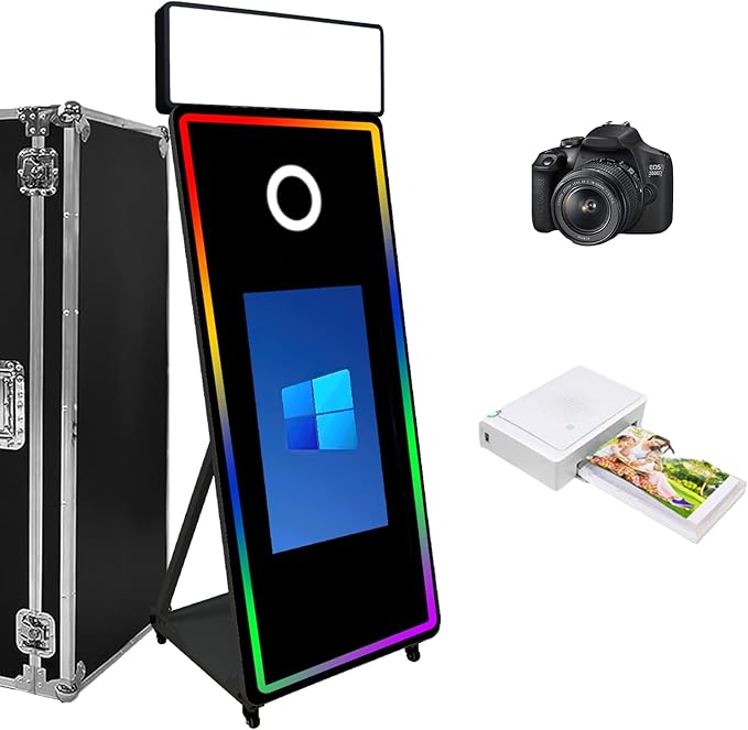 Magic Mirror Photo Booth,Mirror Photo Booth Interactive Touch Screen with Flight Case, Built-in Mini PC with Instant Print and Sharing for Event Party Wedding Rental (Black, 32''Screen Full set)