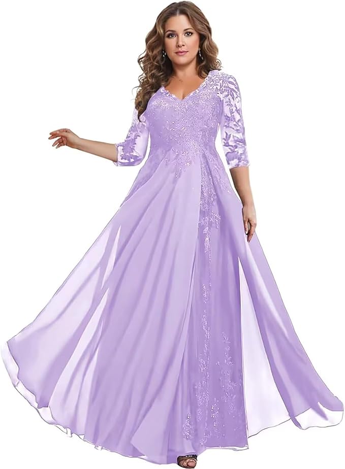Long Sleeve Mother of The Bride Dress for Wedding Chiffon Lace Applique Formal Gowns BOF163