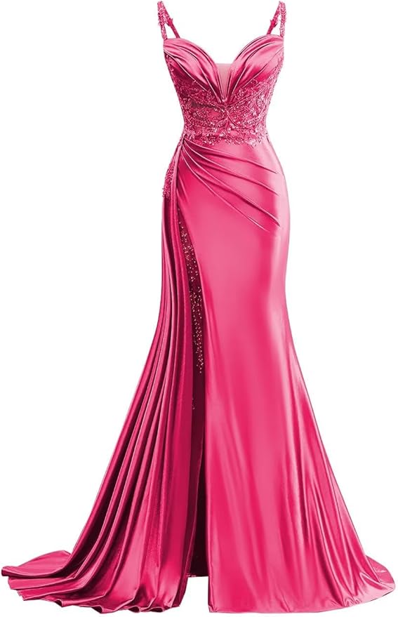 V Neck Satin Prom Dresses Long Mermaid Lace Evening Gown with Slit Pleated Bodycon Formal Dress with Tail