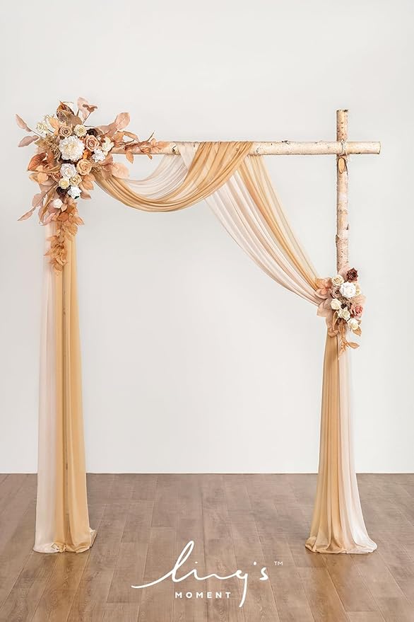Ling's moment Boho Wedding Arch Flowers Kit Pack of 4, 2pcs Hanging Artificial Floral Arrangement 2pcs Chiffon Drapes Ceremony Fake Silk Rose Arbor Rustic Farmhouse Party Decor, Fall Orange Swags