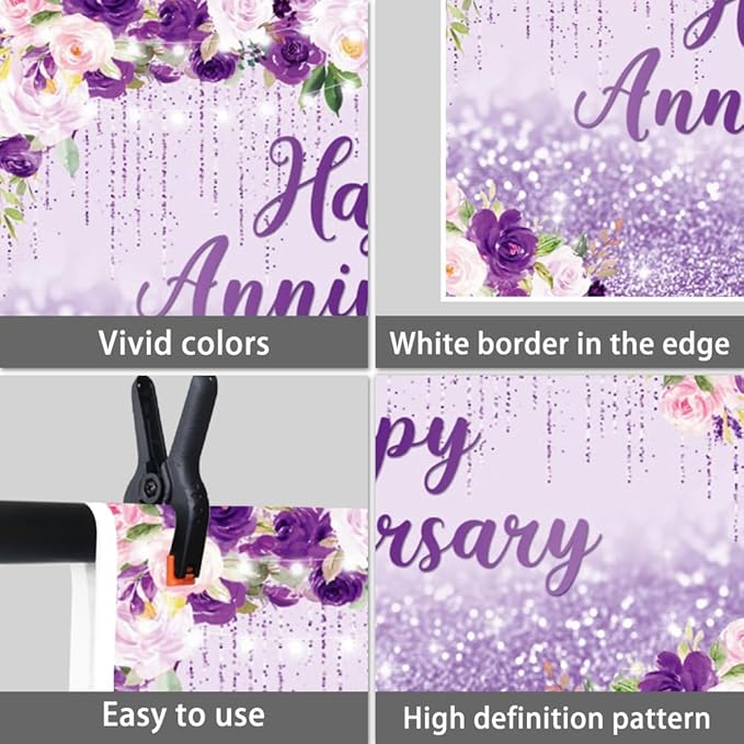 8x6ft Happy Anniversary Backdrop, Floral Glitter Backdrop for Women Wedding Anniversary Decoration Violet and Pink Flowers Photography Background Cake Table Banner Party Decor